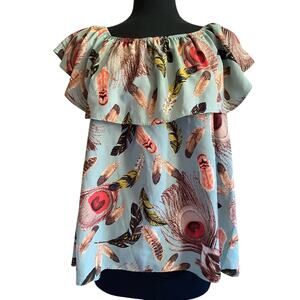 Young at Heart LA Women's Blue Peacock Feathers Off Shoulder Blouse Small
